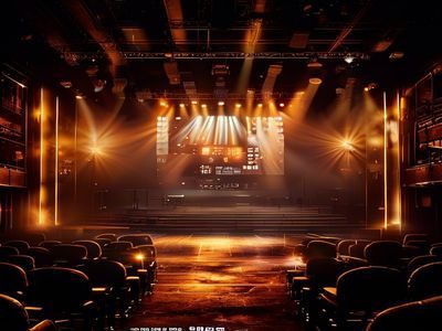 影视精选频道封面，电影胶片与大屏幕剧场场景，金色灯光温暖高雅
